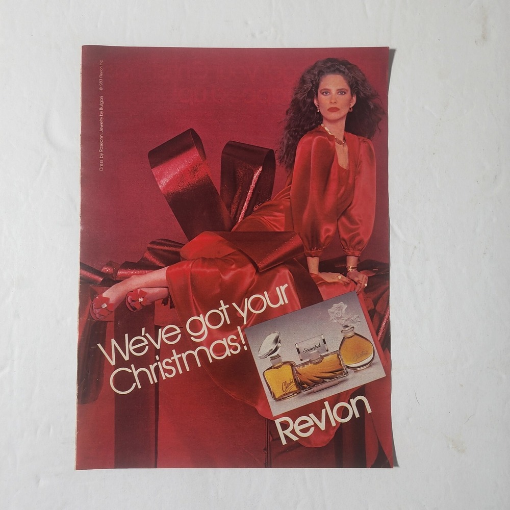 Vintage Print Ad Revlon red perfume Christmas present model clipping 1983 8x10.5